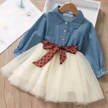 Baby Girls Long Sleeve Tutu Mesh Dresses Spring Toddler Polka Dot Bow Party Princess Young Children Clothes Simple Kid's Costume 1