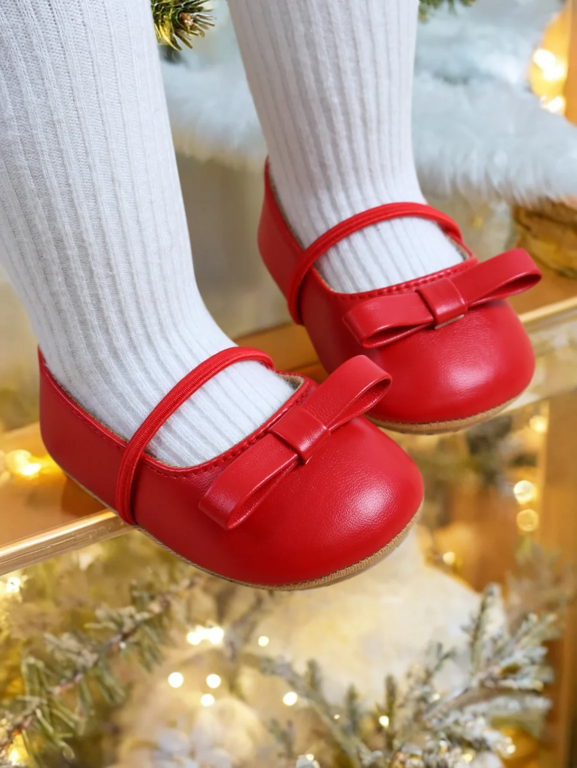 Christmas Baby Girls Mary Jane Flats with Bowknot Floral Princess Wedding Dress Shoes Soft Newborn Infant Crib First Walkers Pre 1
