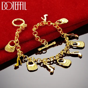 DOTEFFIL 925 Sterling Silver High Heels Bag Pendant Bracelets Chain For Women Charm Wedding Engagement Jewelry 6