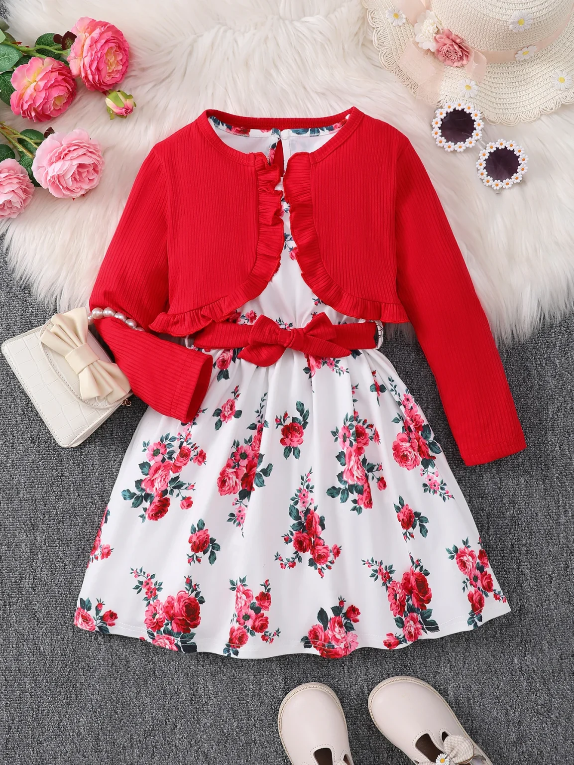 4-7 Years Kids Girls 2PCS Dress Set Solid Knitted Overcoat+Floral Sleeveless Dress with Belt Photography Style Princess Clothing 3