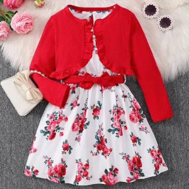 4-7 Years Kids Girls 2PCS Dress Set Solid Knitted Overcoat+Floral Sleeveless Dress with Belt Photography Style Princess Clothing 3