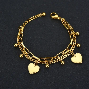 316L Stainless Steel New Fashion Upscale Jewelry Bohemia 2 Layer Ball Lovers Love Heart Charm Thick Chain Bracelet For women 1