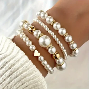 4pcs White Pearl Beaded Bracelets Set for Women Fashion Chic Gold Color Design Hand Chain Bracelet Vintage French Jewelry Gifts 1