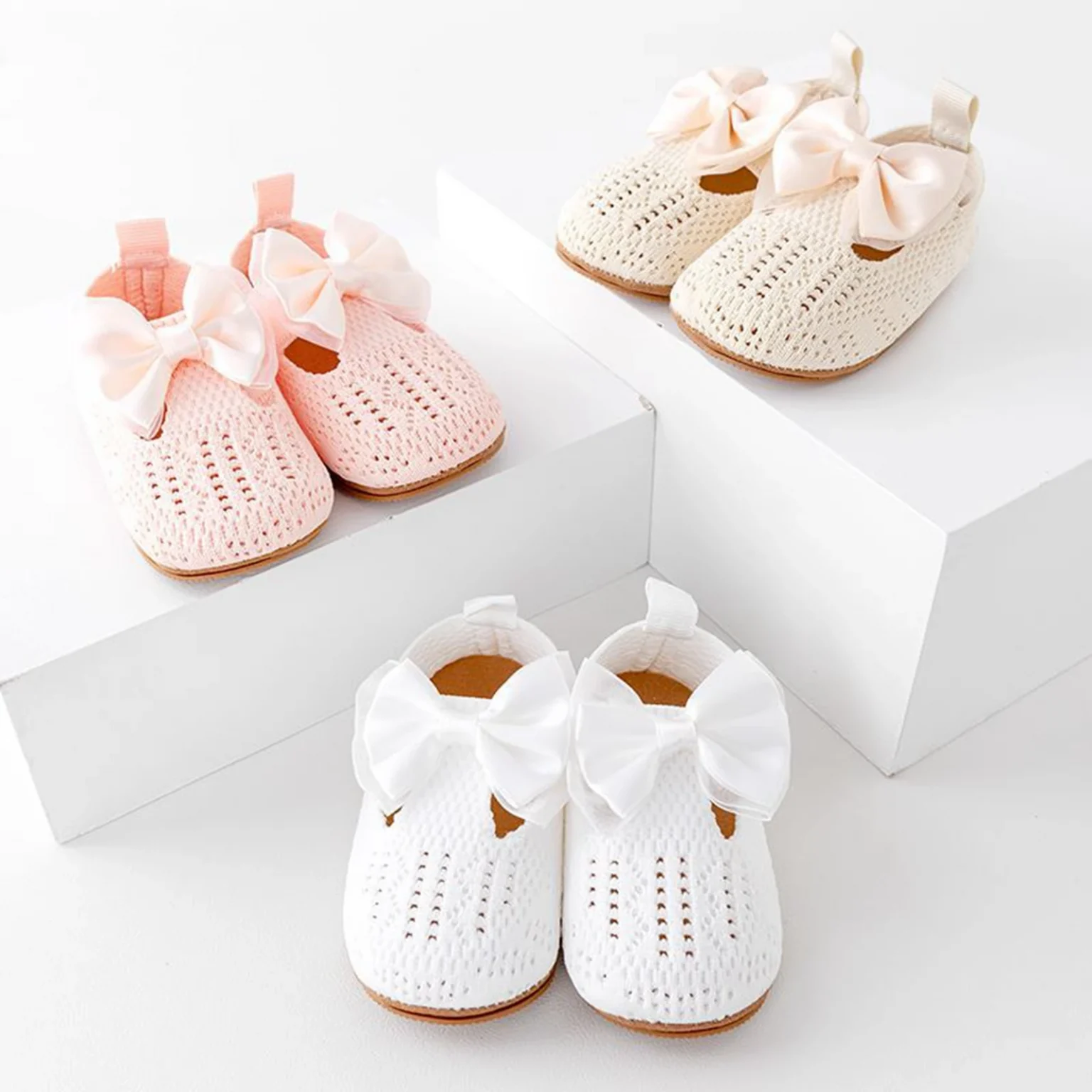 Princess Baby Girls Flats Shoes Moccasins Cute Bow Knitted Hollows out Shoes Summer Casual Walking Shoes for Newborn Infant 1