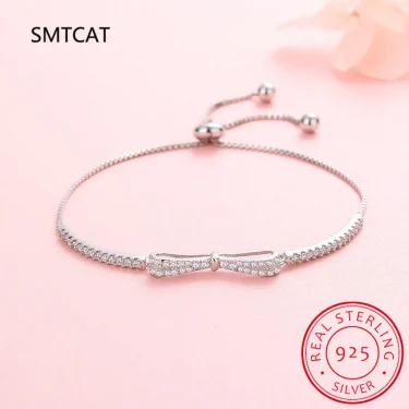 Real 925 Sterling Silver Bowknot Bracelet for Women Shiny Zircon Tennis Hard Bracelet Homme Wedding Party Jewelry Gifts 5
