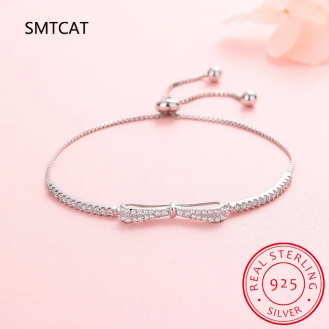 Real 925 Sterling Silver Bowknot Bracelet for Women Shiny Zircon Tennis Hard Bracelet Homme Wedding Party Jewelry Gifts 5