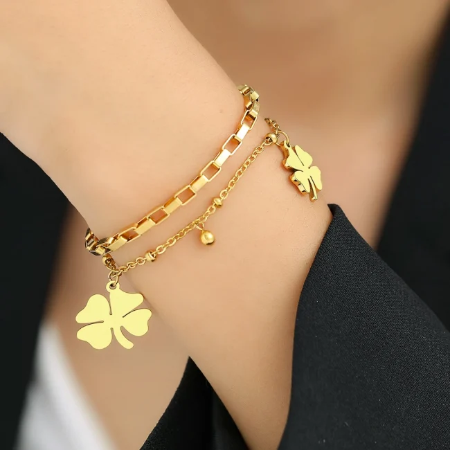 Stainless Steel Bracelets Trendy Fine Bell Clovers Pendant Beads Layer Chain Fashion Bracelet For Women Jewelry Festival Gifts 3