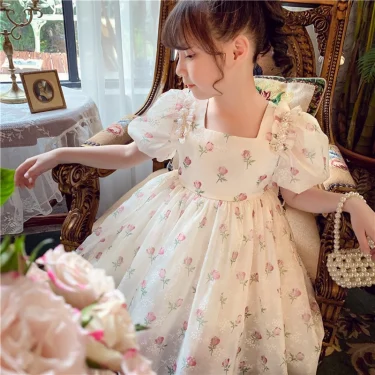 Summer New Girls Princess Dress Full Print Flowers Puff Sleeve Bow Mesh DresseTutu Birthday Party Gown For 2-12 Years Kids 4