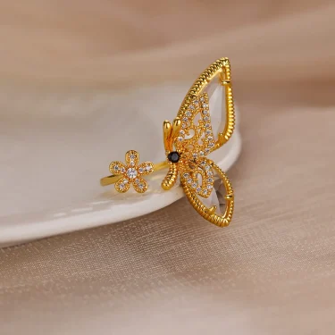 Zircon Crystal Butterfly Flower Rings for Women Open Adjustable Finger Ring Waterproof Fashion Wedding Stainless Steel Jewelry 4