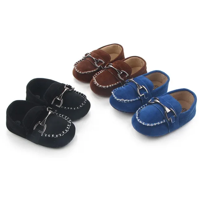 Toddler First Walkers Infant Newborn Anti-slip Shoes Iron Buckle Frosted Leather Peas Shoes for Baby Boy Rubber Sole Moccasins 2