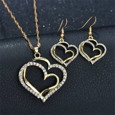 Exquisite Double Heart Necklace Earrings Bracelet Jewelry Set Charm Ladies Jewelry Fashion Bridal Accessory Set Romantic Gifts 5
