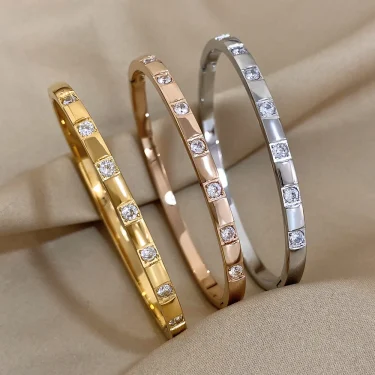 AENSOA Simple Classic New Gold Plated Stainless Steel Bracelet Inlaid Square Rhinestone Bangle Bracelet Charm Waterproof Jewelry 3
