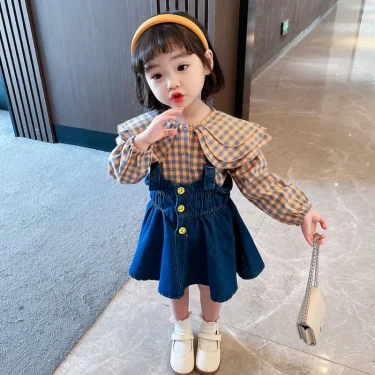 Toddler Kids Baby Girls Plaid Blouse Sling Denim Dress Spring Long Sleeve Tops Infant Girls Dress for Children Clothes Sets 2025 3