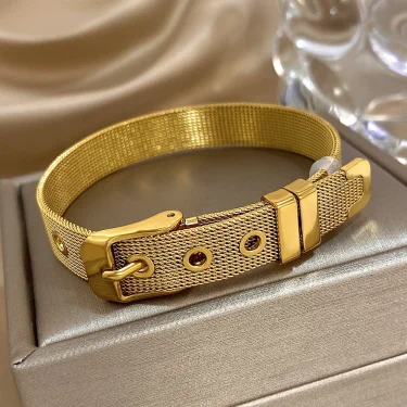 AENSOA Classic Belt Shape Stainless Steel Bracelets for Women Men Statement Gold Plated Metal Bangle Unisex Wristband Jewelry 4