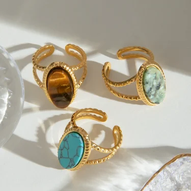 18K Gold Plated Stainless Steel Oval Natural Stone Adjustable Opening Ring ​​Women Charms Metal Texture Waterproof Jewelry 3