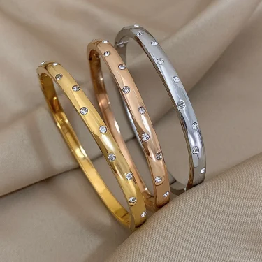 Thin Stainless Steel Round Rhinestones Bangle Bracelet for Women Minimalist Cuff Bangles Waterproof Stackable Jewelry Gifts 1