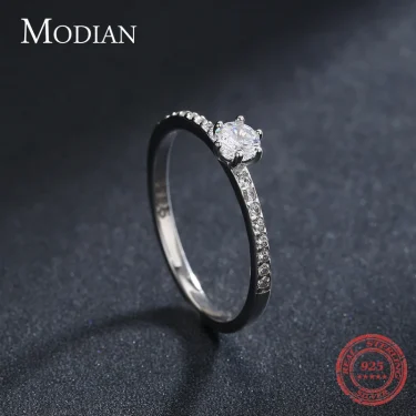 Modian Solid 925 Sterling Silver Simple Round Clear CZ Finger Rings For Women & Girls Cassic Wedding Statement Fine Jewelry Gift 4