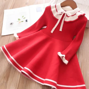 New girl baby sweater knitted dress children warm Sweater dress for girls infant casual pure color Pleated princess dress 2