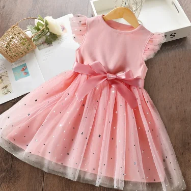 Summer Dress for Girls Sequin Eleagnt Solid Tulle Baby Clothes 2 4 6 Yrs Birthday Party Kid's Dresses 2024 New in Dress for Baby 1