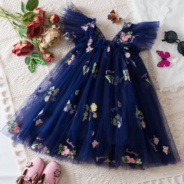 Toddler Baby Girls Party Dresses Back Butterfly Fairy Clothes Kids Lace Embroidery Mesh Tutu Infant Birthday Christmas Dresses 2
