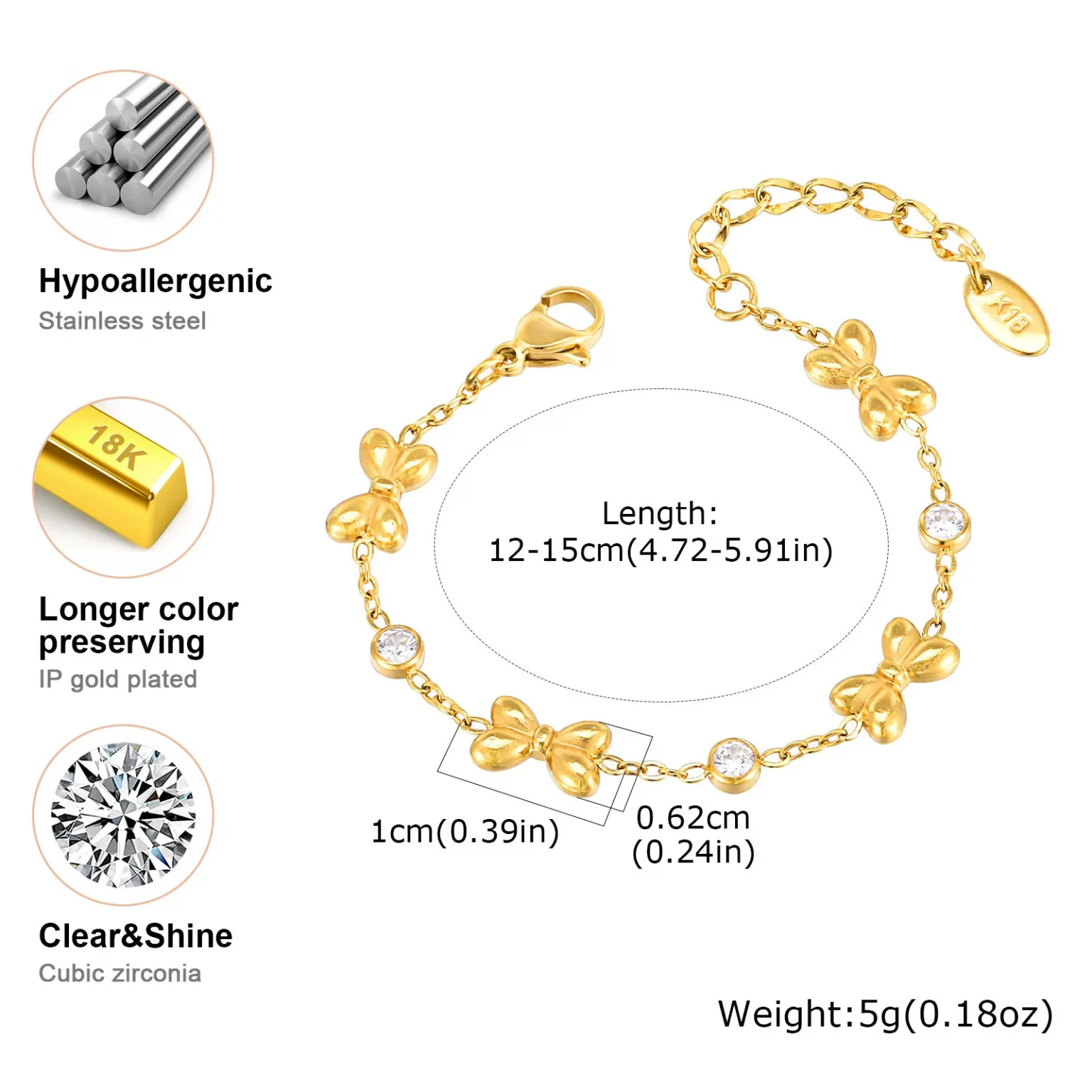 Zirconia Butterfly Bracelet for Women, Stainless Steel Gold Color Mother Daught Gift, Bow Tie Jewelry Animal Shape Jewelry 6