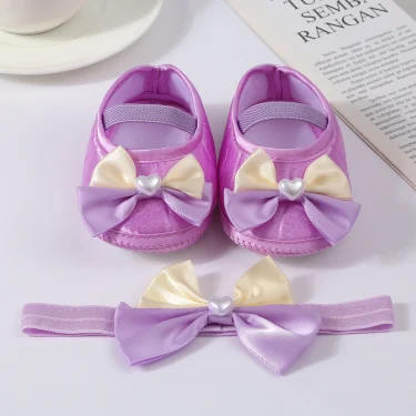 Baby Girls Baptism Shoes and Headband Cute Heart Pearl Bowknot Flats Crib Shoes and Hairband Set for Infants Toddlers 2