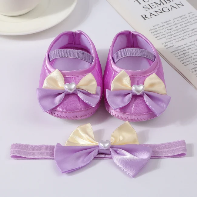 Baby Girls Baptism Shoes and Headband Cute Heart Pearl Bowknot Flats Crib Shoes and Hairband Set for Infants Toddlers 2