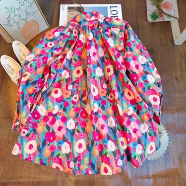 Spring Autumn New Girls Princess Dress Full Print Flowers Long Sleeve Lapel Collar Dress For 2-8 Years Girls Casual Shirt Skirt 5