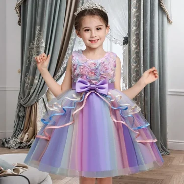 Girls Party Rainbow Unicorn Princess Dress Cake Layers Tutu Prom Gown For Kids Children Wedding Evening Formal Pageant Vestidos 3