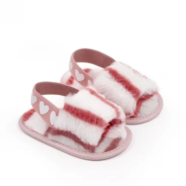 Jlong Autumn Plush Slide Sandal Baby Girls Heart Soft Sole Sandals Infant Toddler Princess Non-slip Crib Shoes 0-18 Months 3