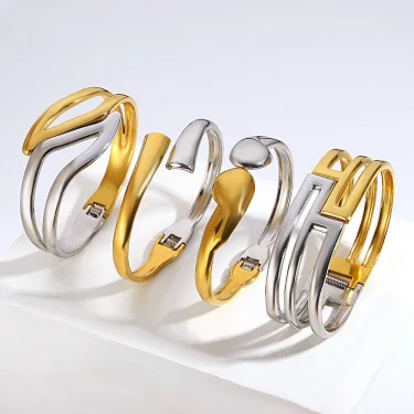Exaggerated Chunky Irregular Liquid Wave Open Bracelet Bangle Multiple Gold Silver Color Women Bracelets Stainless Steel Jewelry 6