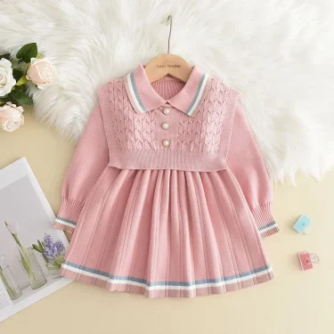 Bear Leader Autumn Winter Girls Sweater Long Sleeve Dress Vest Stripe Party Girl Baby Retro Knitted Wool Dress Casual Vestidos 2