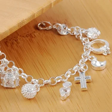 925 Sterling Silver Fashion 13pcs Pendant Chain Charm Bracelet for Women for Teen Girls Lady Gift Women Fine Jewelry 1