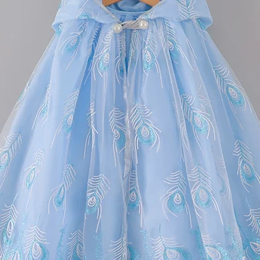 Blue Feather Sequined Hooded Mesh Dress Princess Suit For Girls Cute Holiday Performance Dress Prom Suit Carnival Party Gift 3