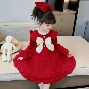 Girls Dress Autumn Girl Red Fluffy Skirt 3-8 Year Old Children Long Sleeved Dress Fashionable Bow Tie Pink Gauze Skirt 2