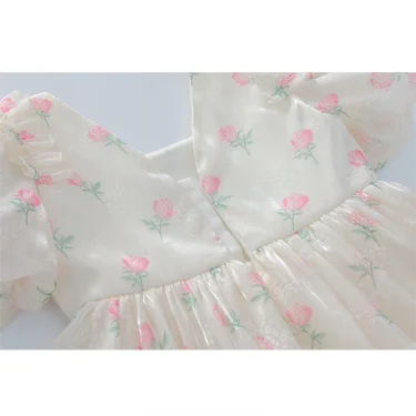 Summer New Girls Princess Dress Full Print Flowers Puff Sleeve Bow Mesh DresseTutu Birthday Party Gown For 2-12 Years Kids 6