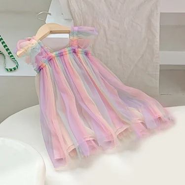 Baby Girls Gradient Rainbow Tulle Sling Dress 3D Butterfly Mesh Vestido Vintage Children Wedding Birthday Party Princess Dresses 4