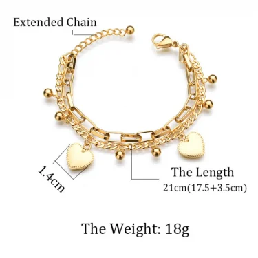316L Stainless Steel New Fashion Upscale Jewelry Bohemia 2 Layer Ball Lovers Love Heart Charm Thick Chain Bracelet For women 4