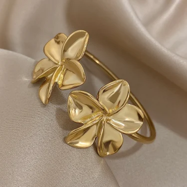 Greatera Stainless Steel Double Flower Cuff Bracelet Bangle for Women Gold Color Metal Floral Bracelets Waterproof Party Jewelry 4