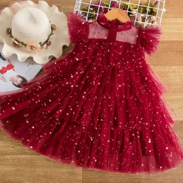 Girls Ruffles Dress Summer Sequin Costume Princess Wedding Dresses Girls Party Mesh Layers Cake Dress 3-8Y Children Casual Dress 4