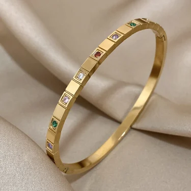 New Inlaid Square Small Colored Zircon Stainless Steel Bangle Bracelet for Women Luxury Gold Plated Cubic Zirconia Bracelets 1