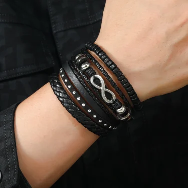 4Pcs/ Set Braided Wrap Leather Bracelets for Men Vintage Life Tree Rudder Charm Wood Beads Ethnic Tribal Wristband Rope Bracelet 3