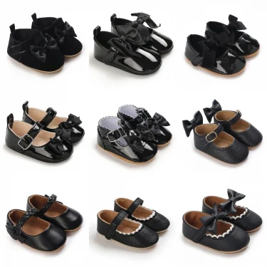 Black Fashion Newborn Party Princess Shoes Boys And Girls' First Step Walking Shoes Rubber Soled Anti Slip Baby Shoes 0-18M 1