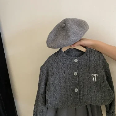 Sweaters Girl Bow Knitting Cardigan Loose Coat Autumn New Fashion Pleated Skirt 2024 Childrens Clothing Sweet Striped 5