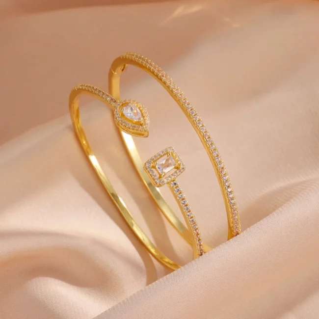 RAKOL Fashion Cubic Zirconia Square Water Drop Geometric Cuff Bangles Bracelet for Women Luxury Gold Color Wedding Party Jewelry 5