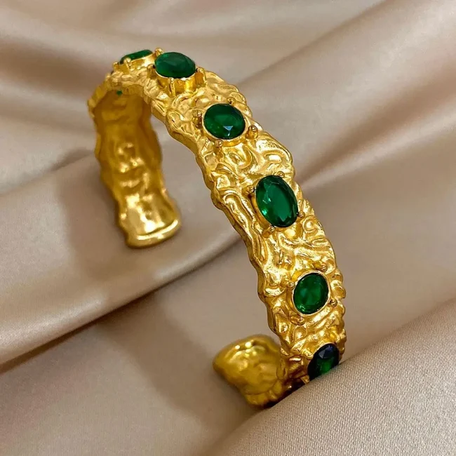 Vintage Green Zircon Stainless Steel Cuff Bracelet Chunky Geometric Textured Gold Plated Waterproof Open Bangles Jewelry Gifts 1