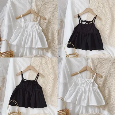 Summer Kids Girl Sling Top Sweet Sling Sleeveles T-shirt Children Clothing Short Tops Toddler Solid Color Bow Vest 4