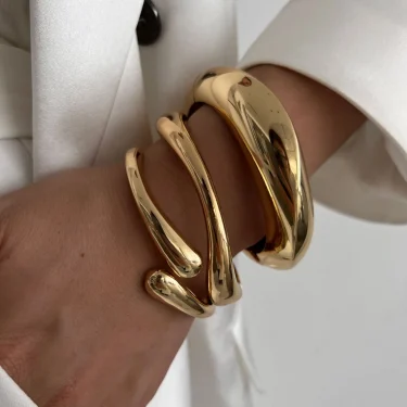 Punk Hip Hop Cuff Bangles Vintage Alloy Gold Silver Color Geometric Spring Bangles Women Width Bracelets Glossy Chunky Jewelry 2