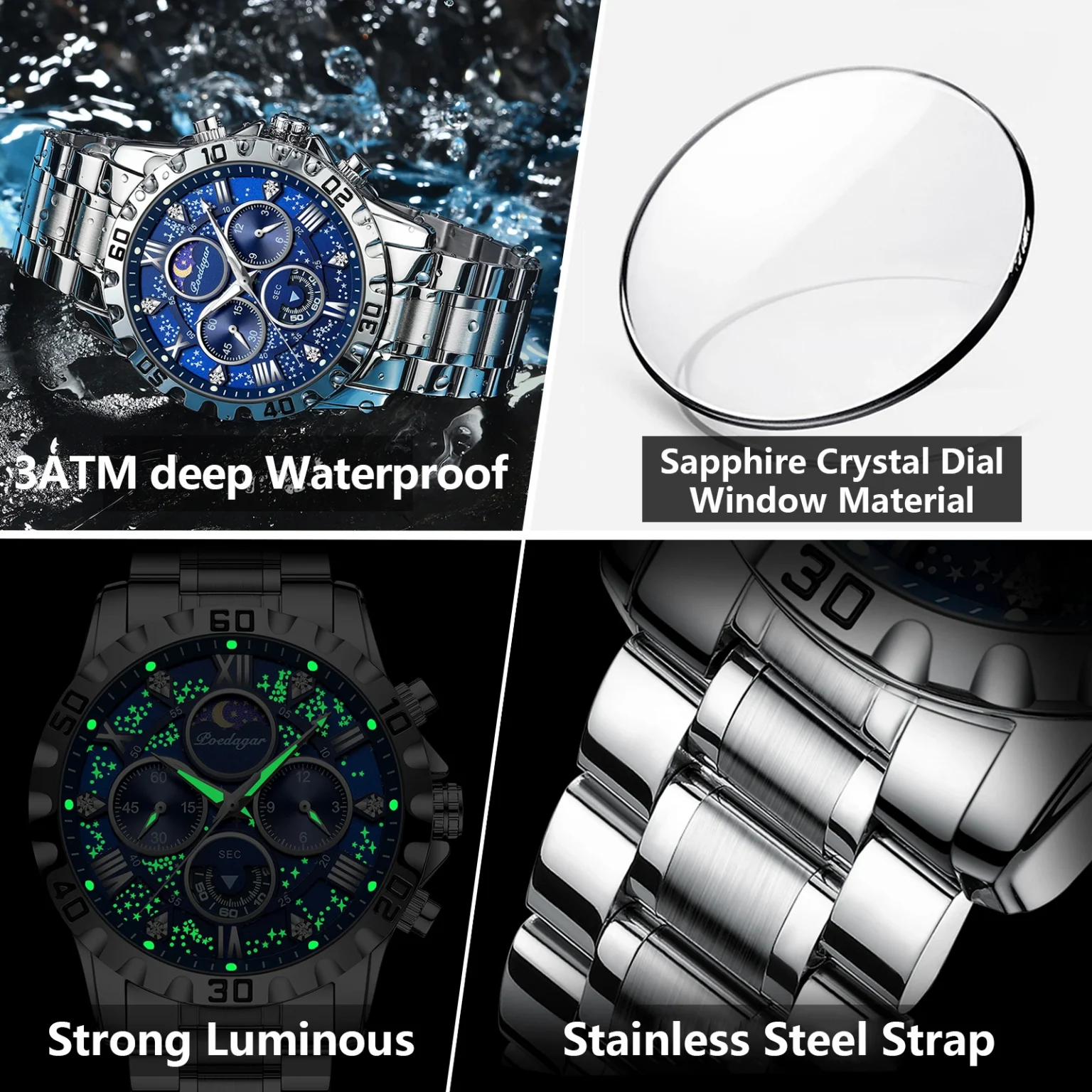POEDAGAR Luxury Watch for Man Quartz Sports Men Watch Waterproof Luminous Stainless Steel Chronograph Men's Watches Clock Reloj 4