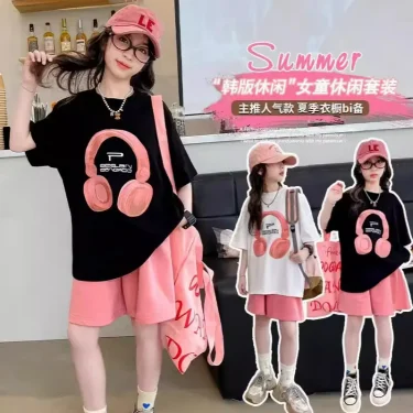 Girls Summer T-Shirt Short-Sleeved Suit Korean Version of the New Casual Summer Sports Children's Short-Sleeved Shorts Two-Piece 3
